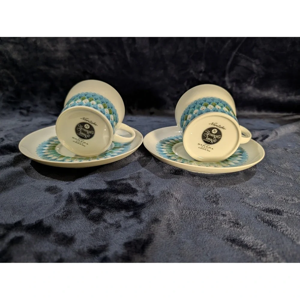 Noritake Younger Image Bahama Coffee Cups Saucers Set of 2 Blue Green Floral MCM - Picture 3 of 10